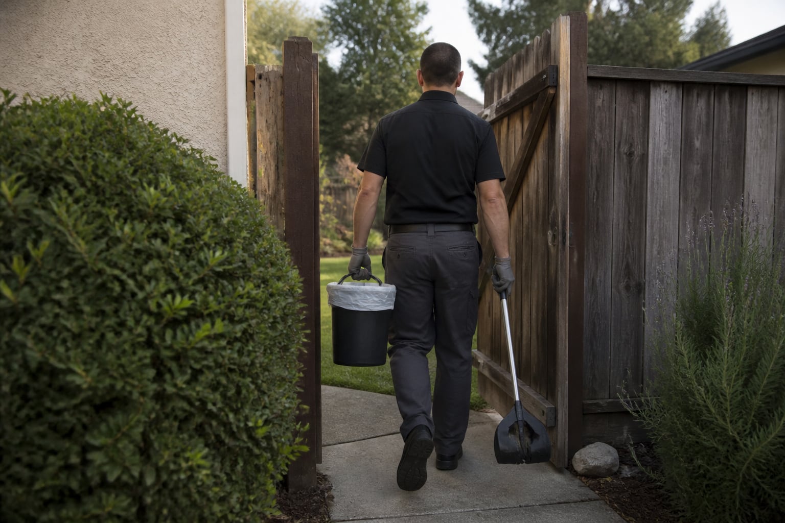 Professional pet waste worker entering a residential side gate with a lined bucket and long-handled scoop