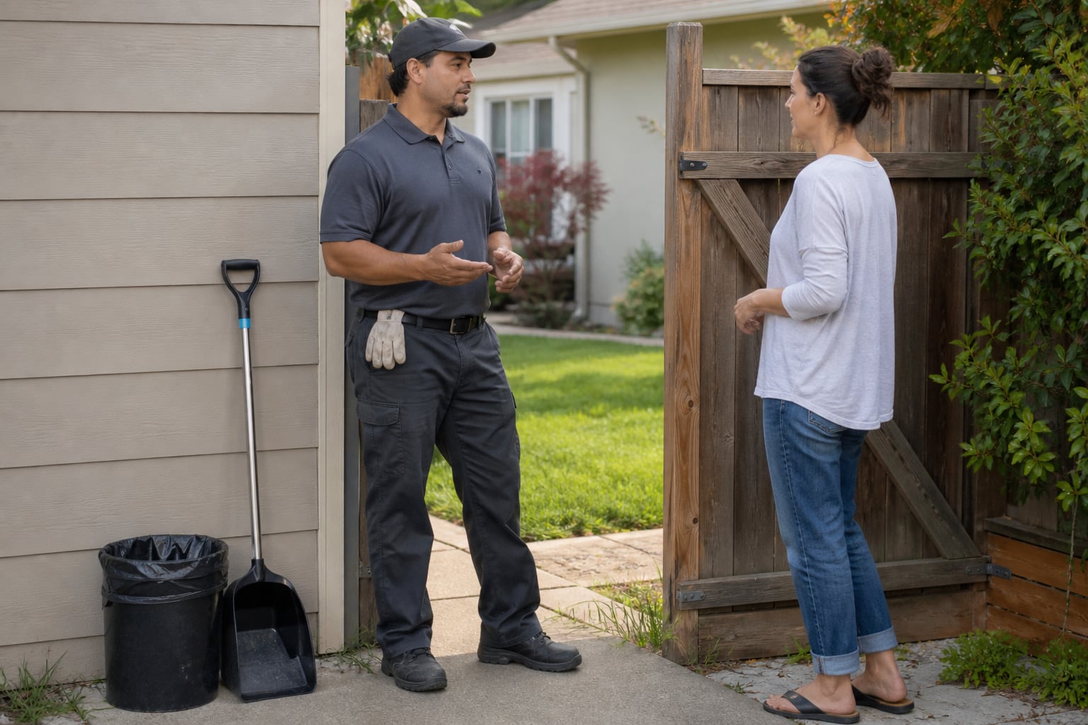 Homeowner discussing yard access with a professional pet waste worker beside an open gate and clean equipment