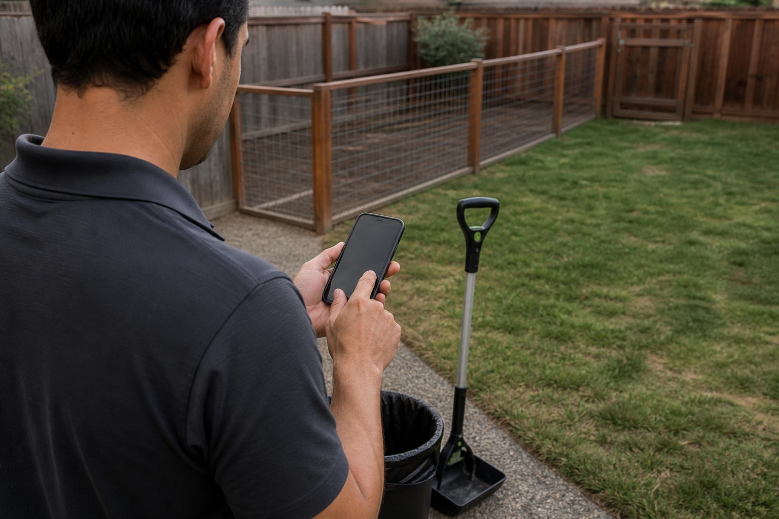 Pet waste service worker using a smartphone while assessing a fenced yard with multiple sections