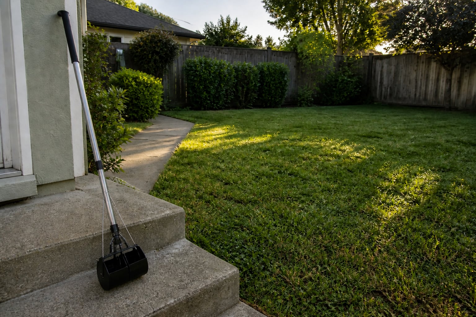 Long-handled dog waste scooper resting on a back step beside a clean suburban lawn in morning light