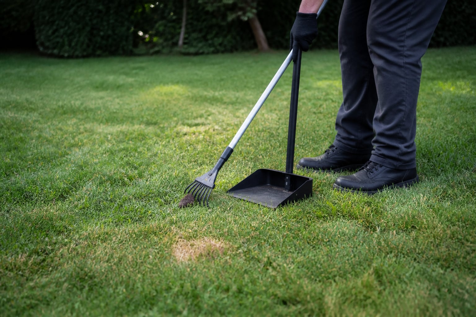 Worker using a long-handled rake and collection pan beside a modest stressed patch of natural grass