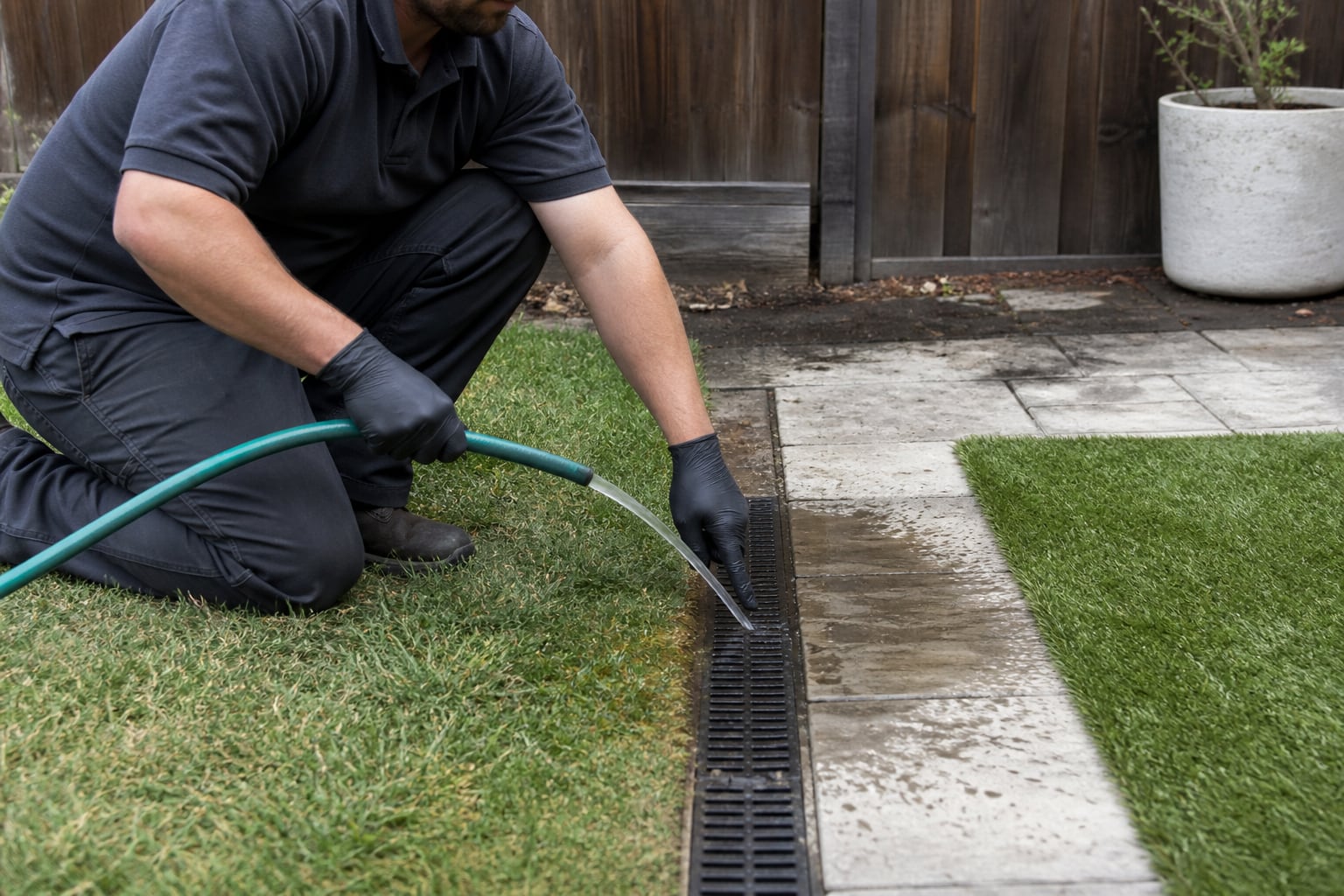 Worker gently rinsing a linear drain between natural grass, concrete pavers, and artificial turf