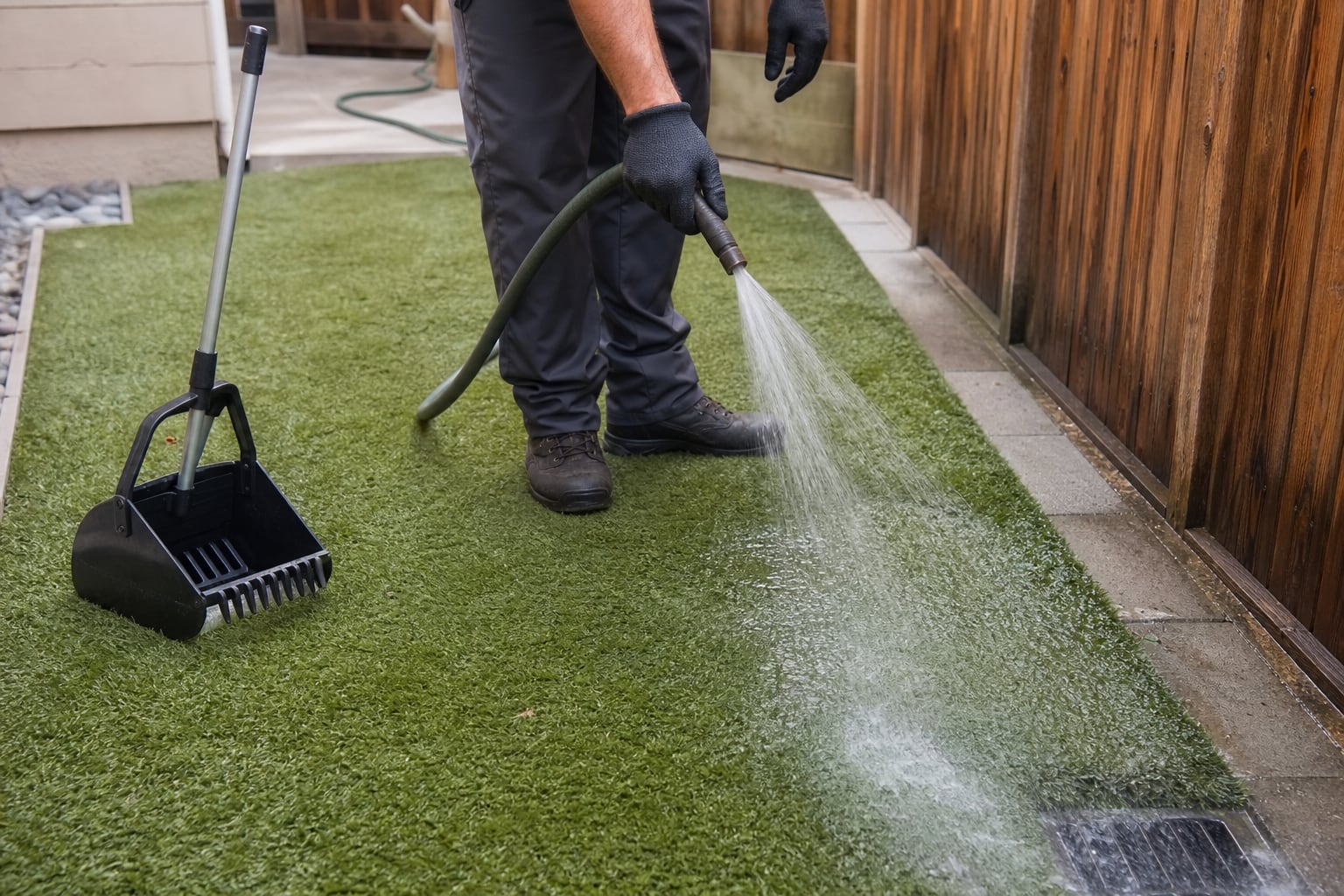 Pet waste worker gently rinsing a localized area of artificial turf toward a nearby drain