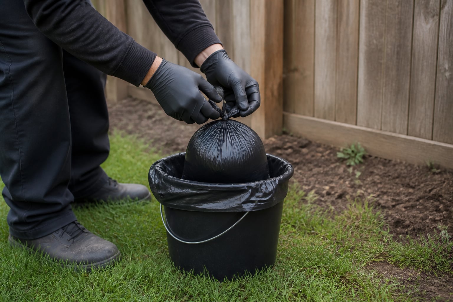 Gloved pet waste worker securely tying a small black bag above a lined utility bucket