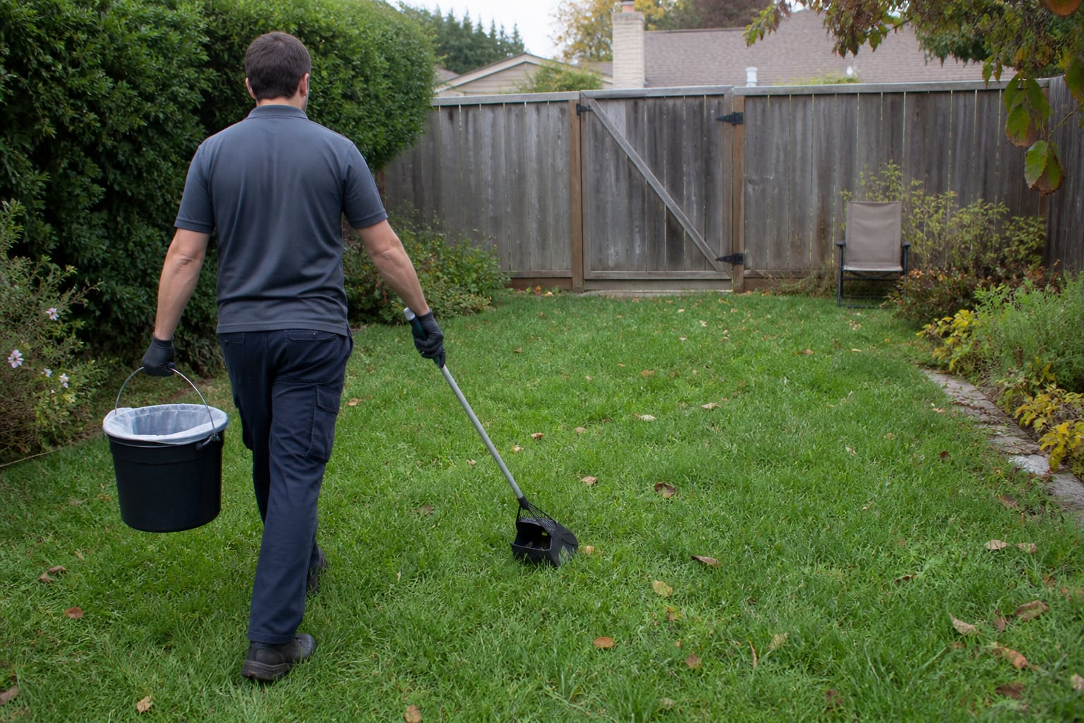 Pet waste worker carrying a lined bucket and long-handled scoop into a lightly overgrown backyard
