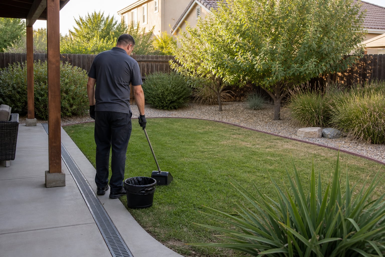 Pet waste worker servicing a Roseville-style water-wise backyard with a compact lawn, gravel, and drought-tolerant plants